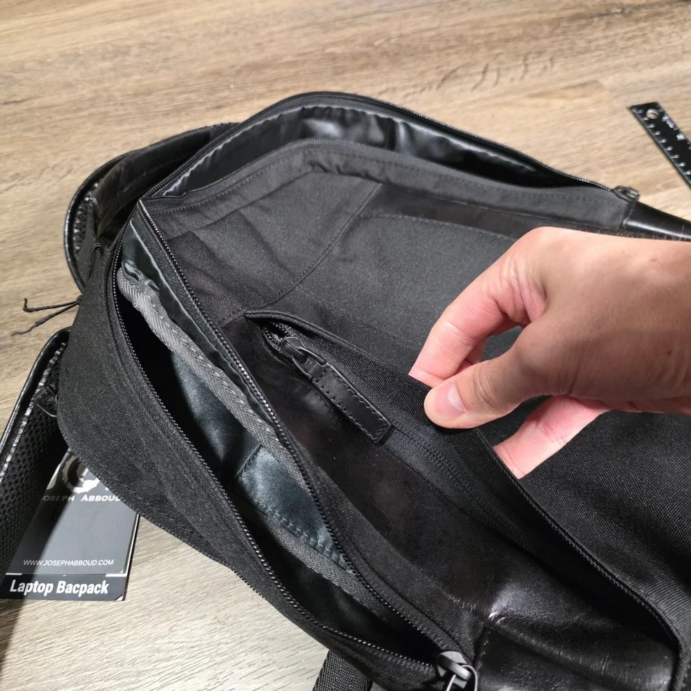 Joseph Abboud Mens OS Laptop Backpack Black Leather Trim Canvas Commuter‎ Bag
